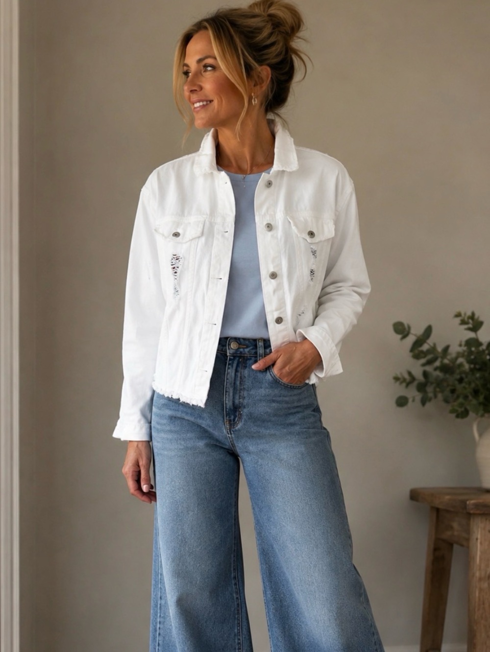Love Tree White Distressed Denim Jean Jacket
